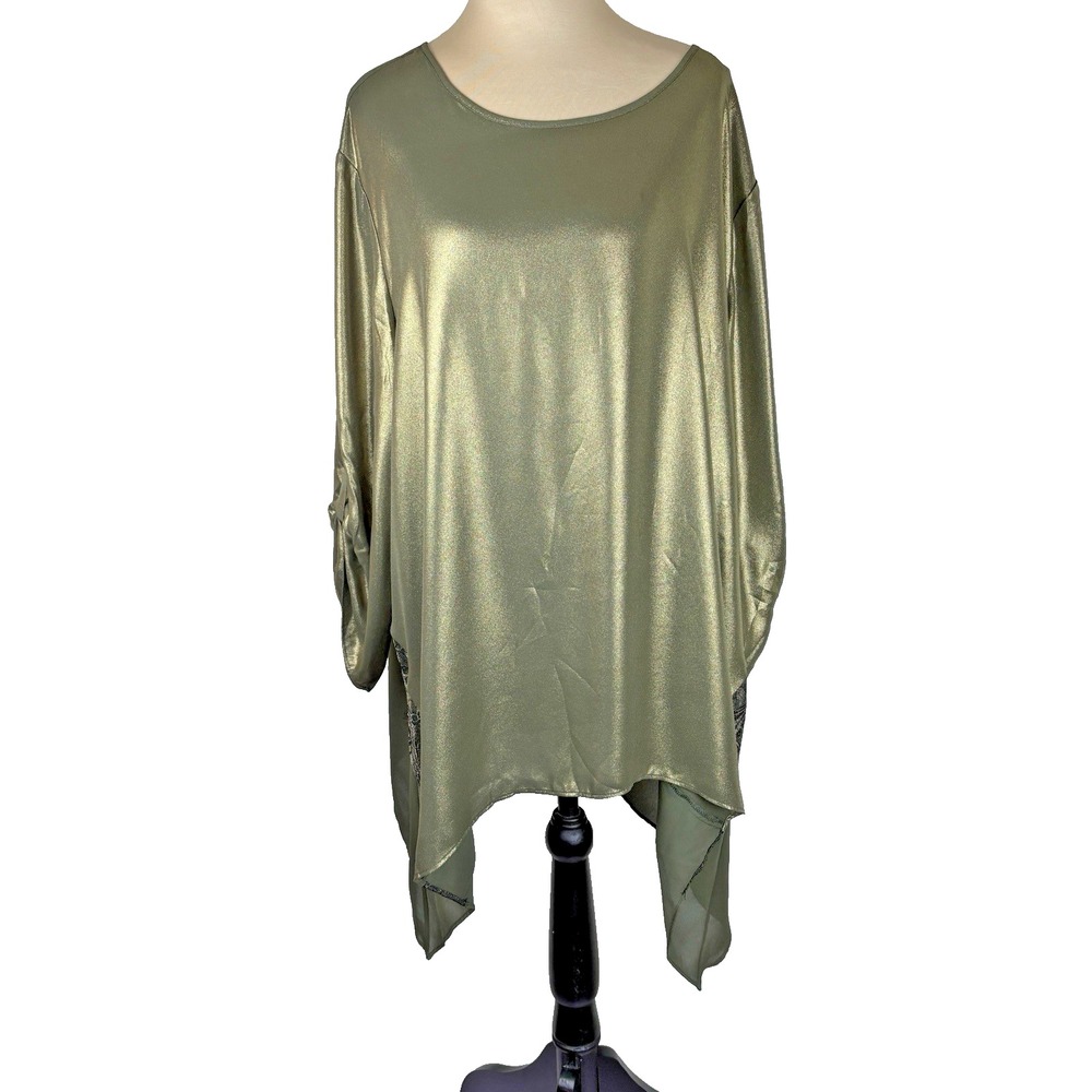 Chicos Womens Metallic Tunic Top Relaxed Fit Glistening Shine Evergreen Size 4‎